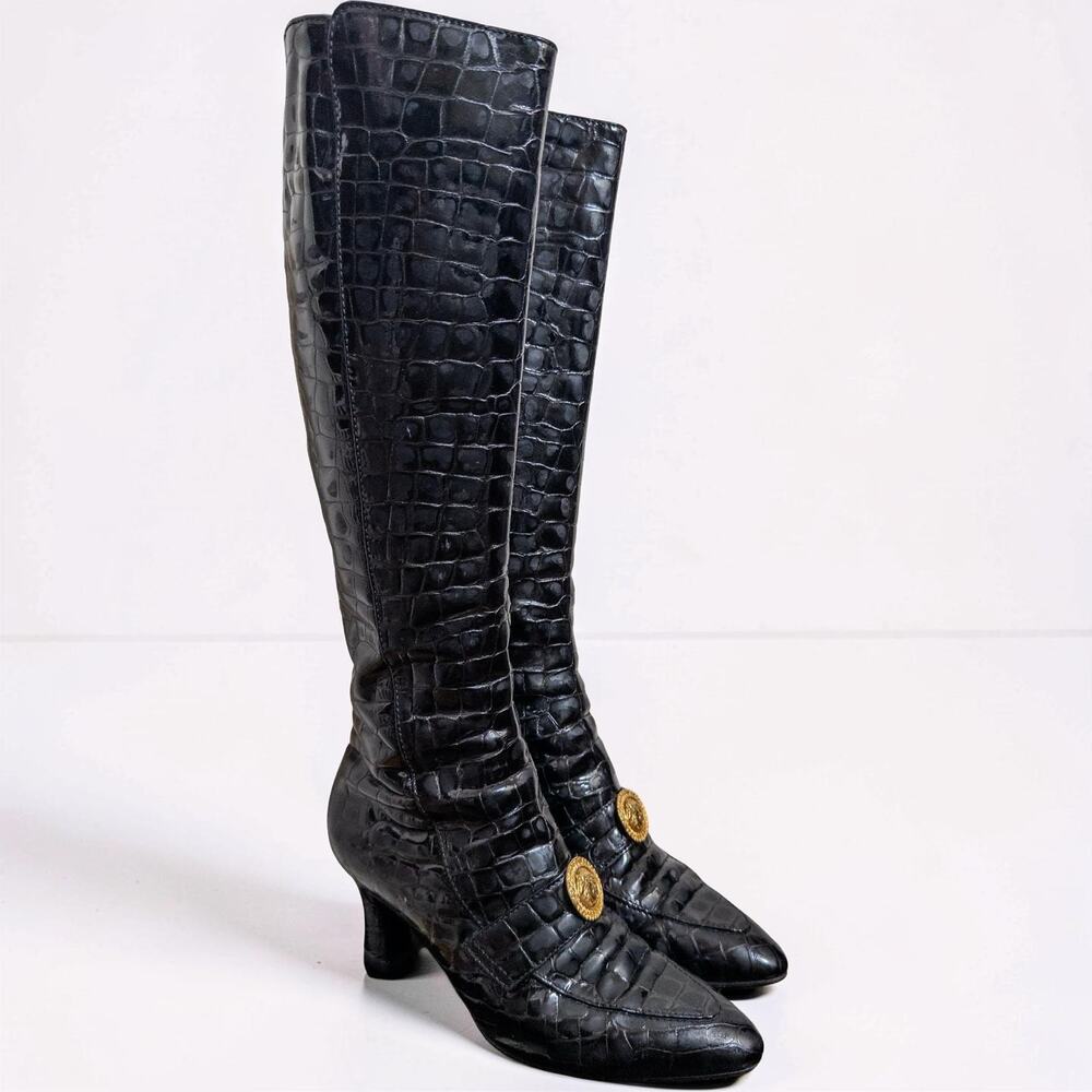 Vintage Gianni Versace Black Croc Embossed Knee High Boots Medusa 36